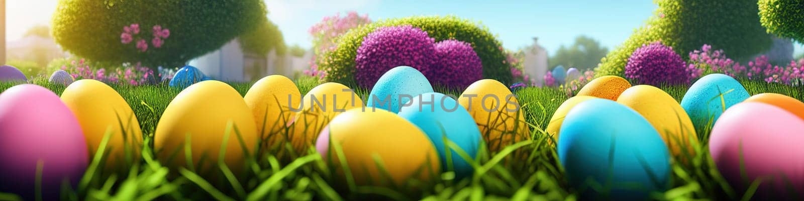 Fresh spring background with easter eggs banner green juicy meadow. Colored Easter eggs hidden flowers grass.Easter concept. Spring summer background with fresh grass against blue sky with.