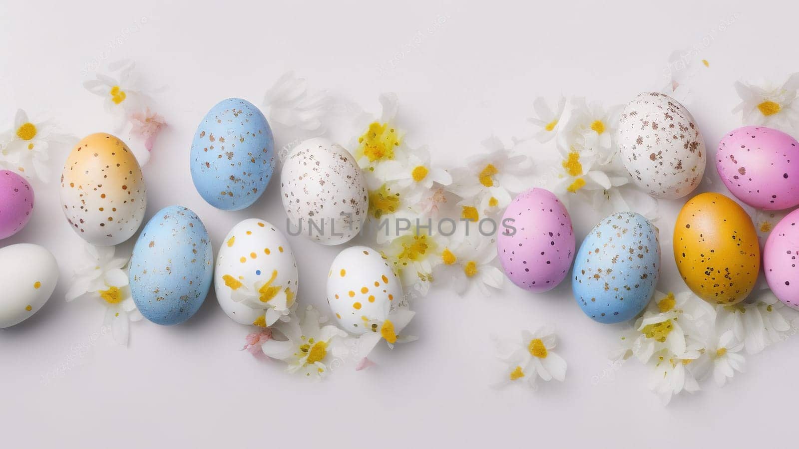 Easter eggs and small flowers on white background Floral border, on pastel isolated background. Valentine's day, spring, birthday, happy women's day, mother's day. Flat lay, top view, free space