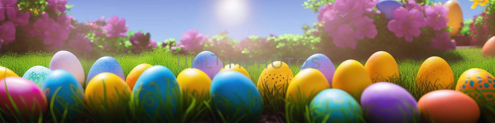 Fresh spring background with easter eggs banner green juicy meadow. Colored Easter eggs hidden flowers grass.Easter concept. Spring summer background with fresh grass against blue sky with.