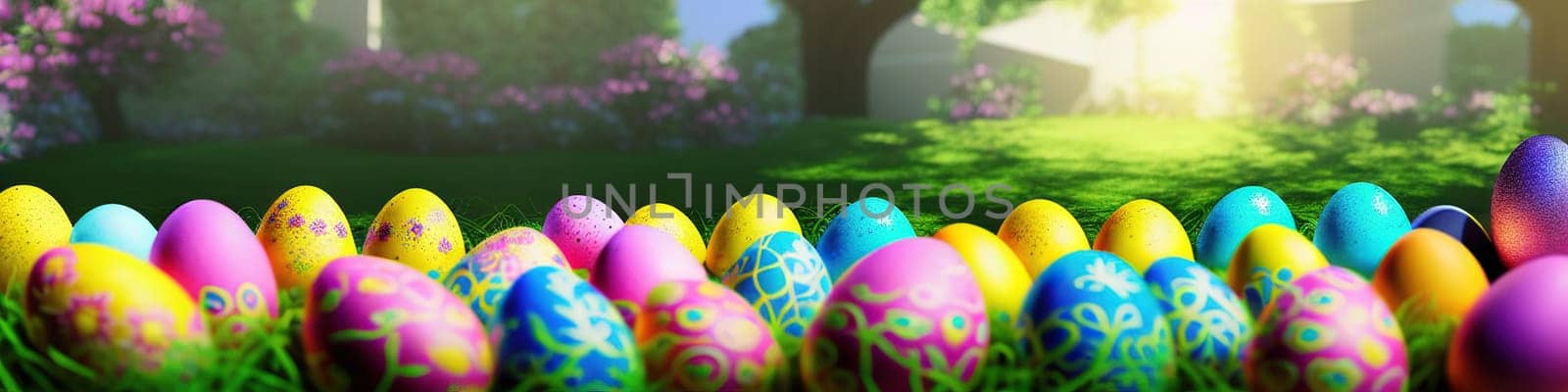 Fresh spring background with easter eggs banner green juicy meadow. Colored Easter eggs hidden flowers grass.Easter by EkaterinaPereslavtseva