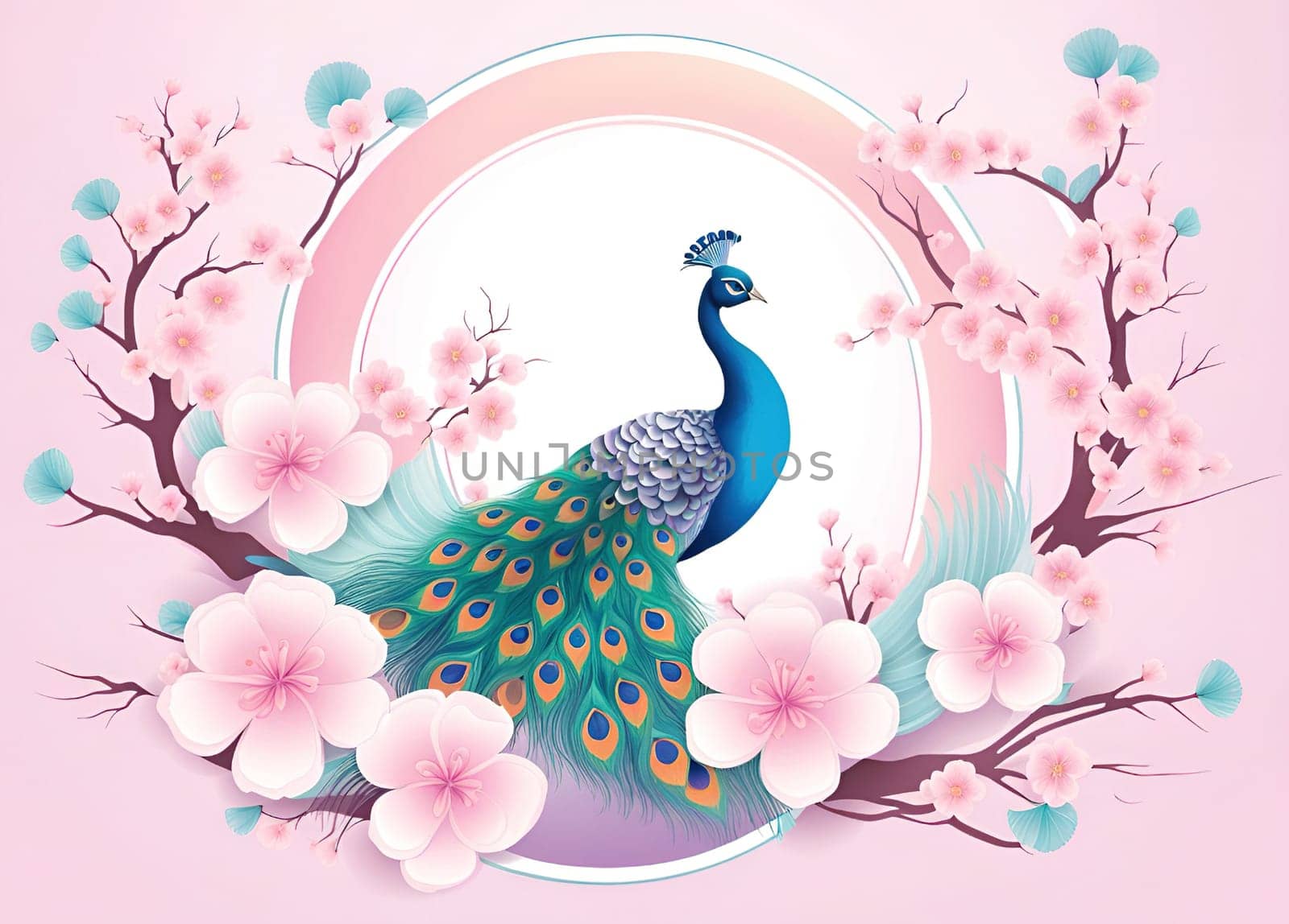 Peacock and cherry blossom background vector illustration. by yilmazsavaskandag