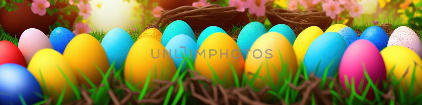 Fresh spring background with easter eggs banner green juicy meadow. Colored Easter eggs hidden flowers grass.Easter concept. Spring summer background with fresh grass against blue sky with.