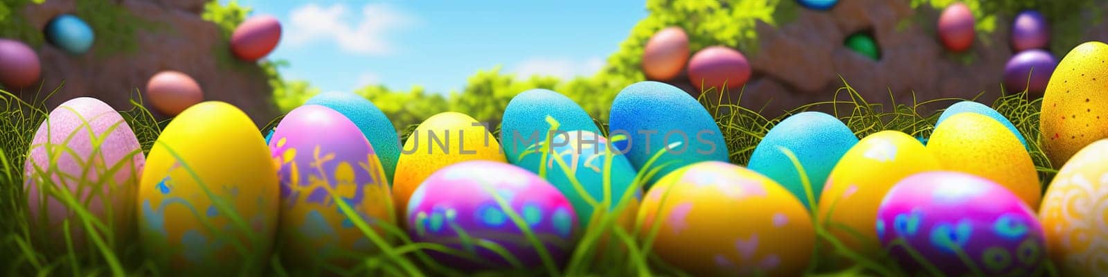 Fresh spring background with easter eggs banner green juicy meadow. Colored Easter eggs hidden flowers grass.Easter by EkaterinaPereslavtseva