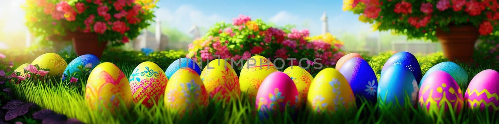 Fresh spring background with easter eggs banner green juicy meadow. Colored Easter eggs hidden flowers grass.Easter concept. Spring summer background with fresh grass against blue sky with.