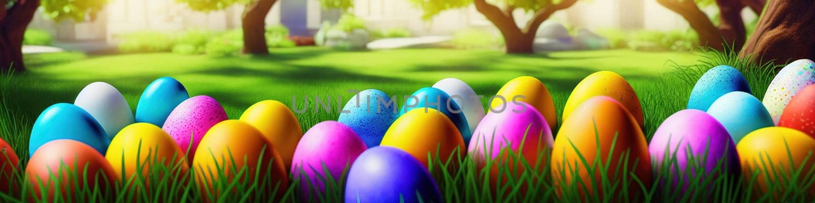 Fresh spring background with easter eggs banner green juicy meadow. Colored Easter eggs hidden flowers grass.Easter by EkaterinaPereslavtseva