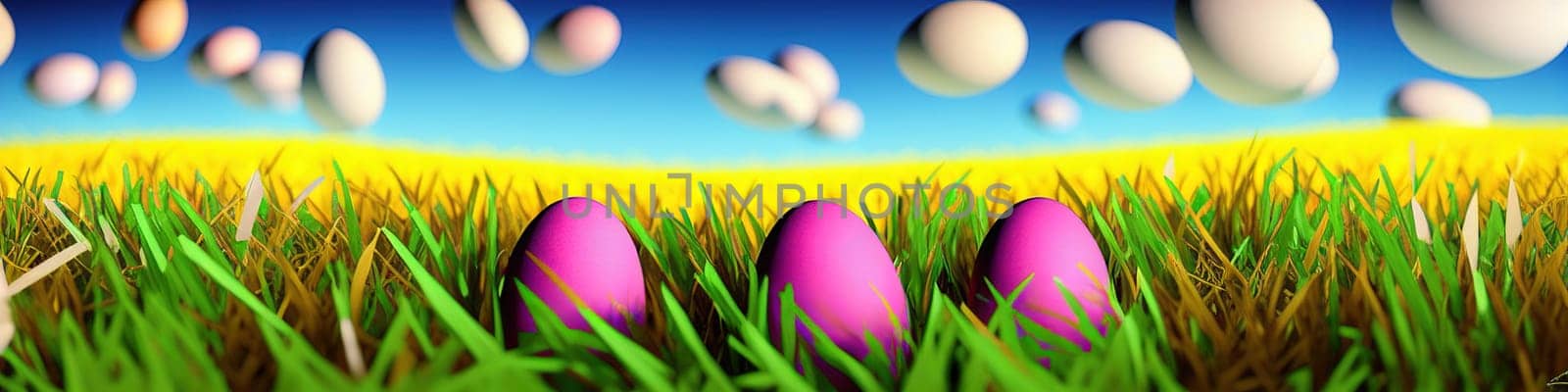 Fresh spring background with easter eggs banner green juicy meadow. Colored Easter eggs hidden flowers grass.Easter concept. Spring summer background with fresh grass against blue sky with.