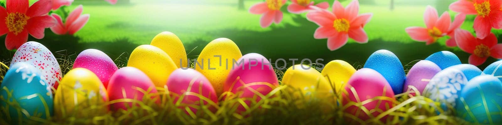 Fresh spring background with easter eggs banner green juicy meadow. Colored Easter eggs hidden flowers grass.Easter by EkaterinaPereslavtseva