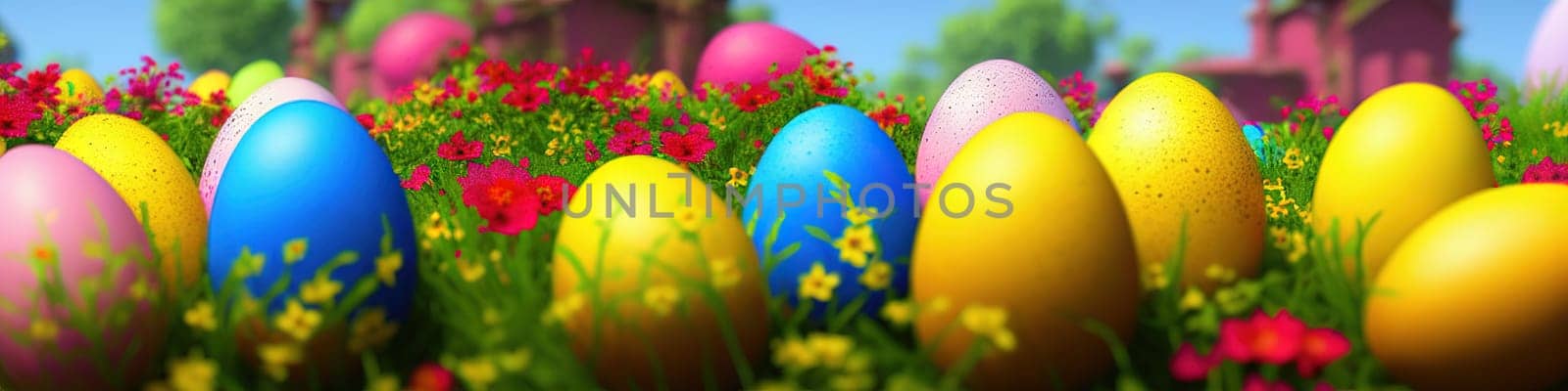 Fresh spring background with easter eggs banner green juicy meadow. Colored Easter eggs hidden flowers grass.Easter by EkaterinaPereslavtseva