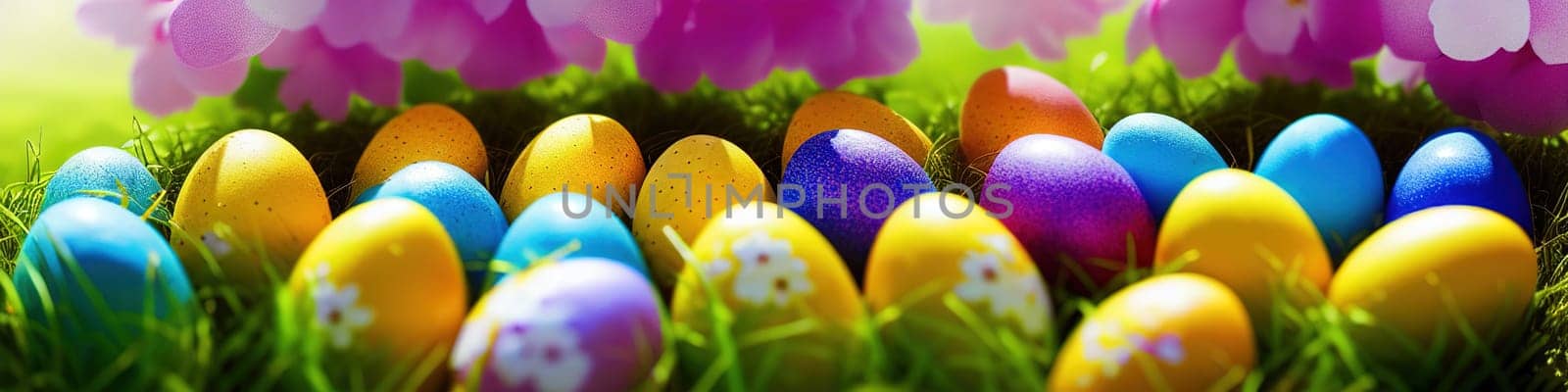 Fresh spring background with easter eggs banner green juicy meadow. Colored Easter eggs hidden flowers grass.Easter concept. Spring summer background with fresh grass against blue sky with.