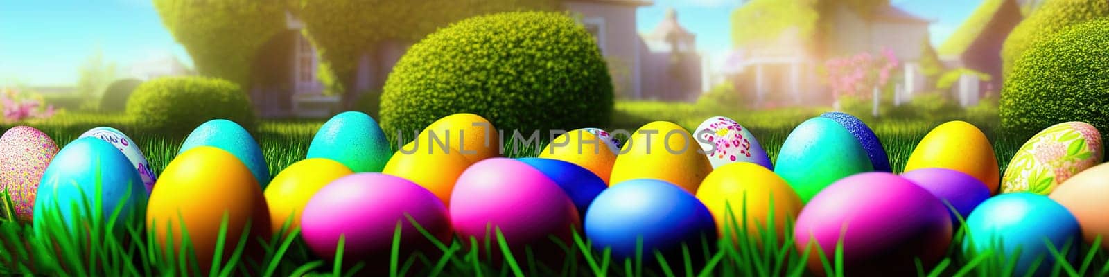 Fresh spring background with easter eggs banner green juicy meadow. Colored Easter eggs hidden flowers grass.Easter concept. Spring summer background with fresh grass against blue sky with.