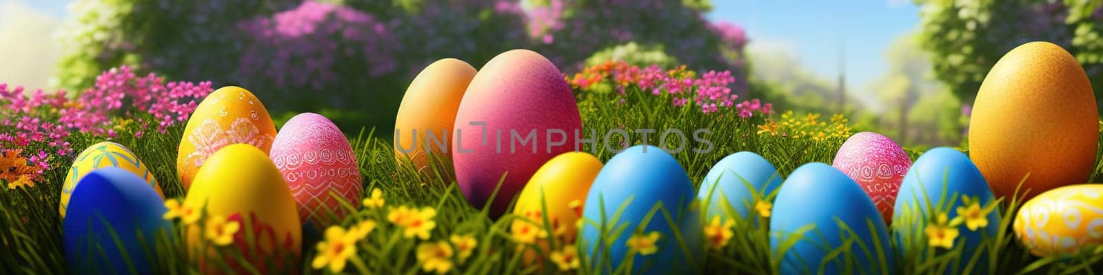 Fresh spring background with easter eggs banner green juicy meadow. Colored Easter eggs hidden flowers grass.Easter concept. Spring summer background with fresh grass against blue sky with.