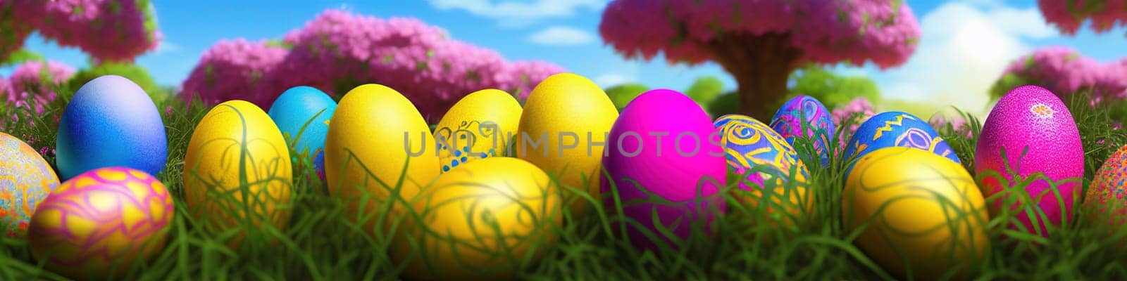 Fresh spring background with easter eggs banner green juicy meadow. Colored Easter eggs hidden flowers grass.Easter concept. Spring summer background with fresh grass against blue sky with.