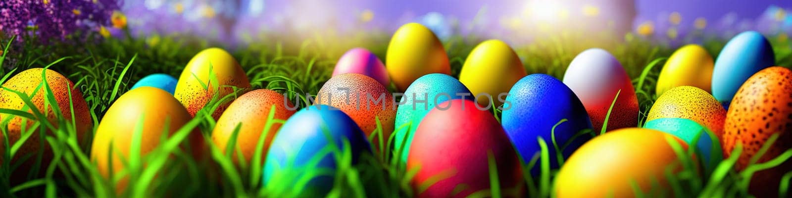 Fresh spring background with easter eggs banner green juicy meadow. Colored Easter eggs hidden flowers grass.Easter by EkaterinaPereslavtseva