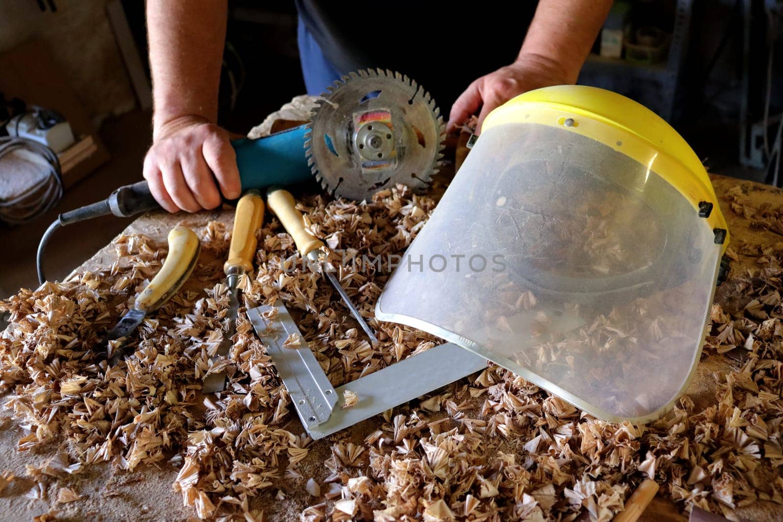 Hand tool on the background of the carpentry workshop. Photo in high quality.