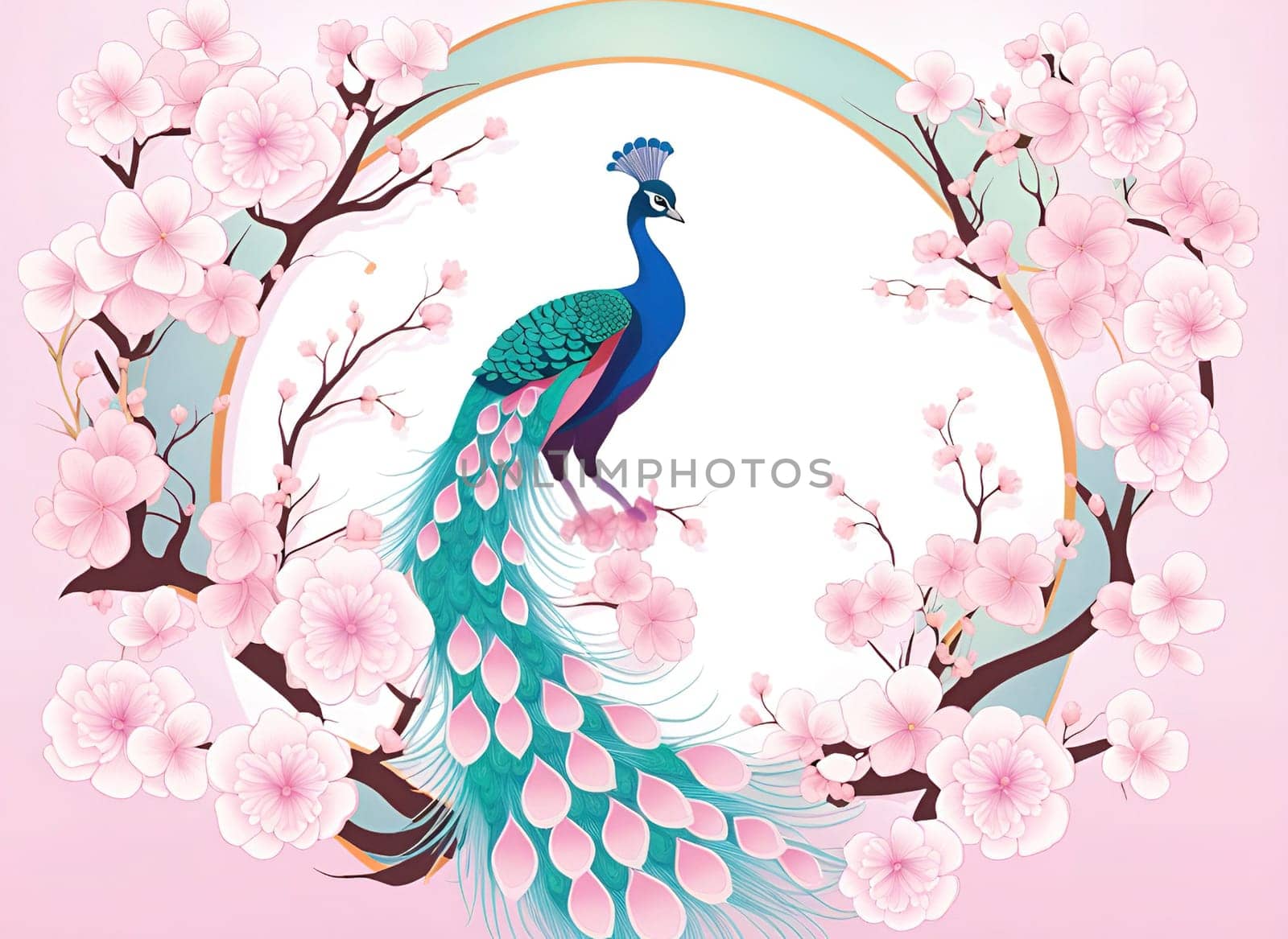 Peacock and cherry blossom background vector illustration. spring season