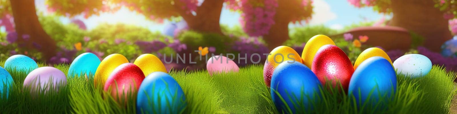 Fresh spring background with easter eggs banner green juicy meadow. Colored Easter eggs hidden flowers grass.Easter concept. Spring summer background with fresh grass against blue sky with.