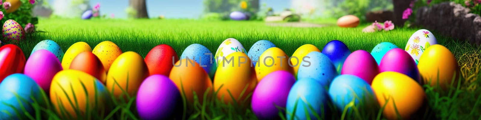 Fresh spring background with easter eggs banner green juicy meadow. Colored Easter eggs hidden flowers grass.Easter concept. Spring summer background with fresh grass against blue sky with.