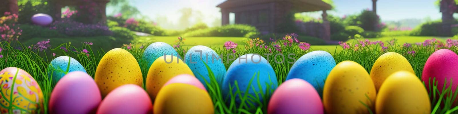 Fresh spring background with easter eggs banner green juicy meadow. Colored Easter eggs hidden flowers grass.Easter concept. Spring summer background with fresh grass against blue sky with.