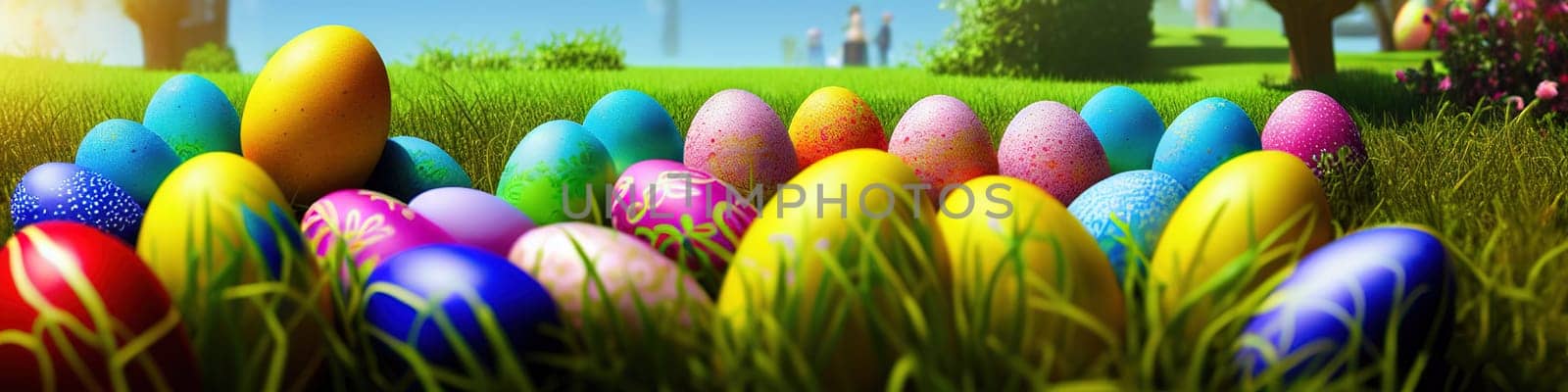 Fresh spring background with easter eggs banner green juicy meadow. Colored Easter eggs hidden flowers grass.Easter concept. Spring summer background with fresh grass against blue sky with.