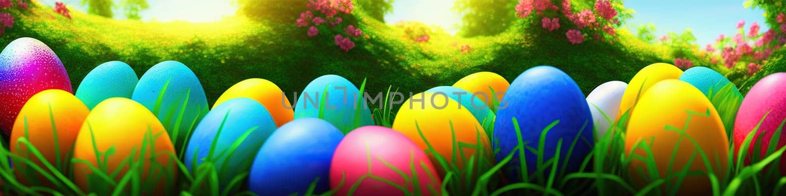 Fresh spring background with easter eggs banner green juicy meadow. Colored Easter eggs hidden flowers grass.Easter by EkaterinaPereslavtseva