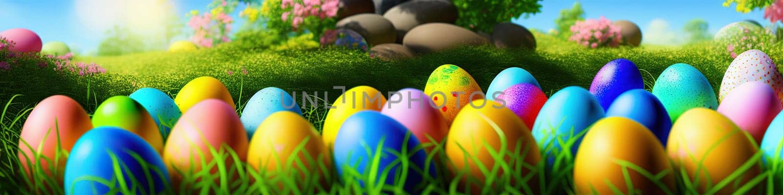 Fresh spring background with easter eggs banner green juicy meadow. Colored Easter eggs hidden flowers grass.Easter by EkaterinaPereslavtseva