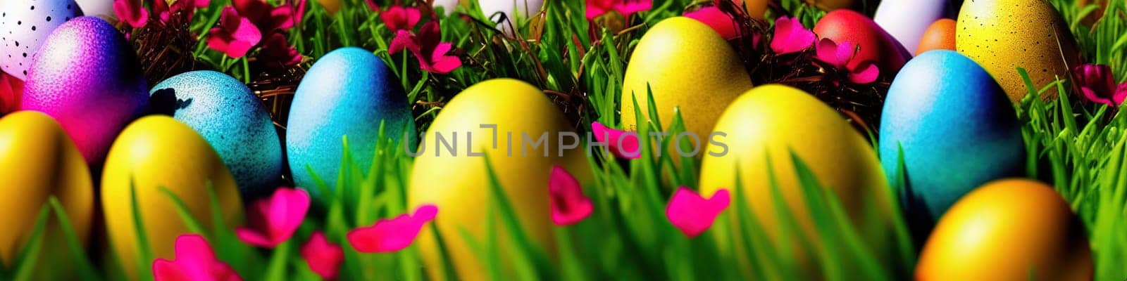 Fresh spring background with easter eggs banner green juicy meadow. Colored Easter eggs hidden flowers grass.Easter concept. Spring summer background with fresh grass against blue sky with.