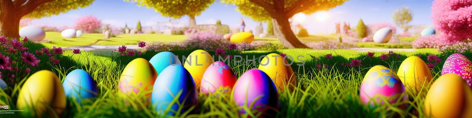 Fresh spring background with easter eggs banner green juicy meadow. Colored Easter eggs hidden flowers grass.Easter by EkaterinaPereslavtseva