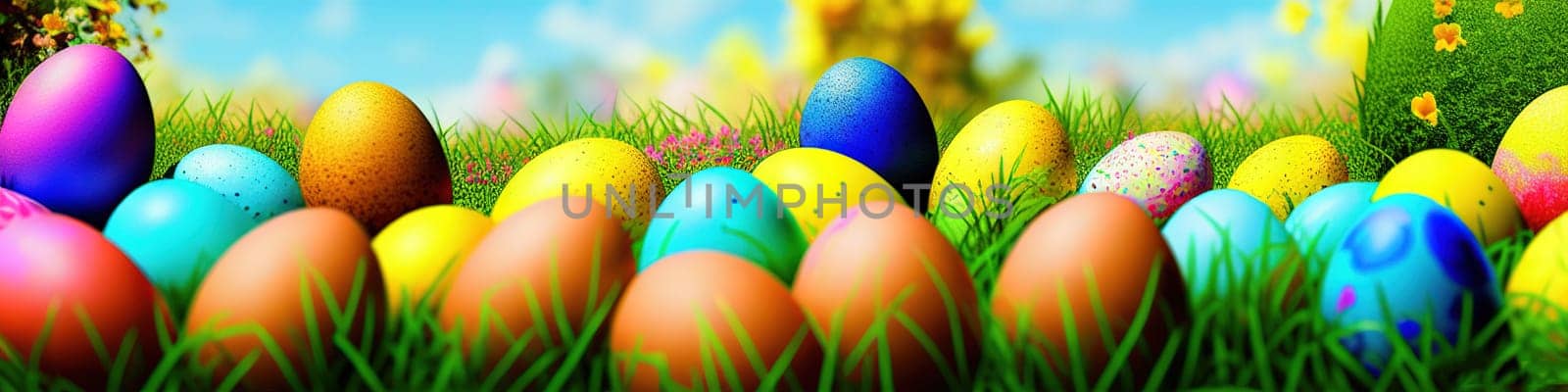 Fresh spring background with easter eggs banner green juicy meadow. Colored Easter eggs hidden flowers grass.Easter by EkaterinaPereslavtseva