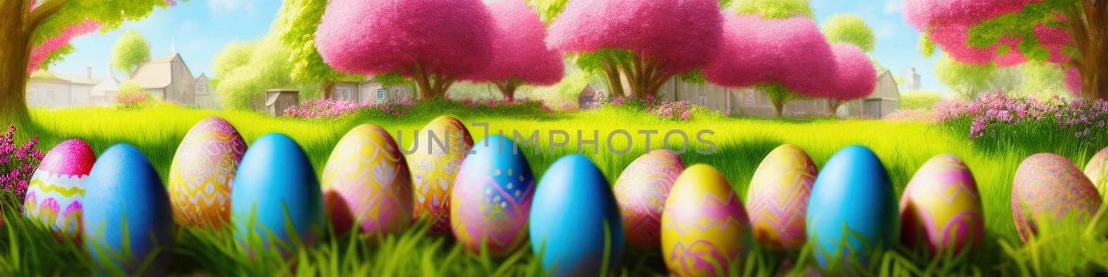 Fresh spring background with easter eggs banner green juicy meadow. Colored Easter eggs hidden flowers grass.Easter by EkaterinaPereslavtseva