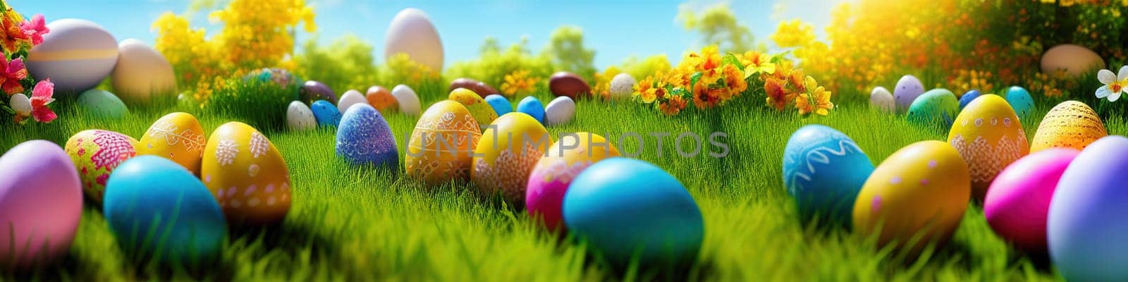 Fresh spring background with easter eggs banner green juicy meadow. Colored Easter eggs hidden flowers grass.Easter by EkaterinaPereslavtseva