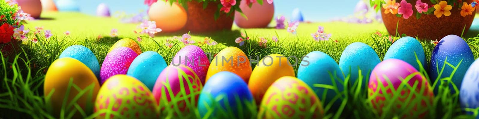 Fresh spring background with easter eggs banner green juicy meadow. Colored Easter eggs hidden flowers grass.Easter concept. Spring summer background with fresh grass against blue sky with.