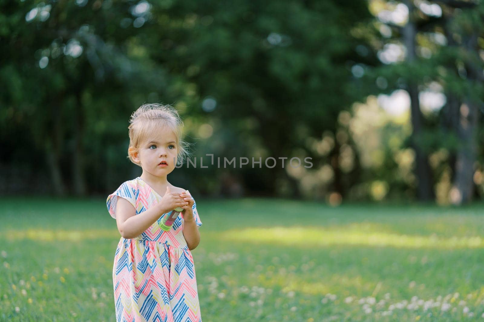 Little girl is standing on a green meadow with a bottle of soap bubbles in her hands by Nadtochiy