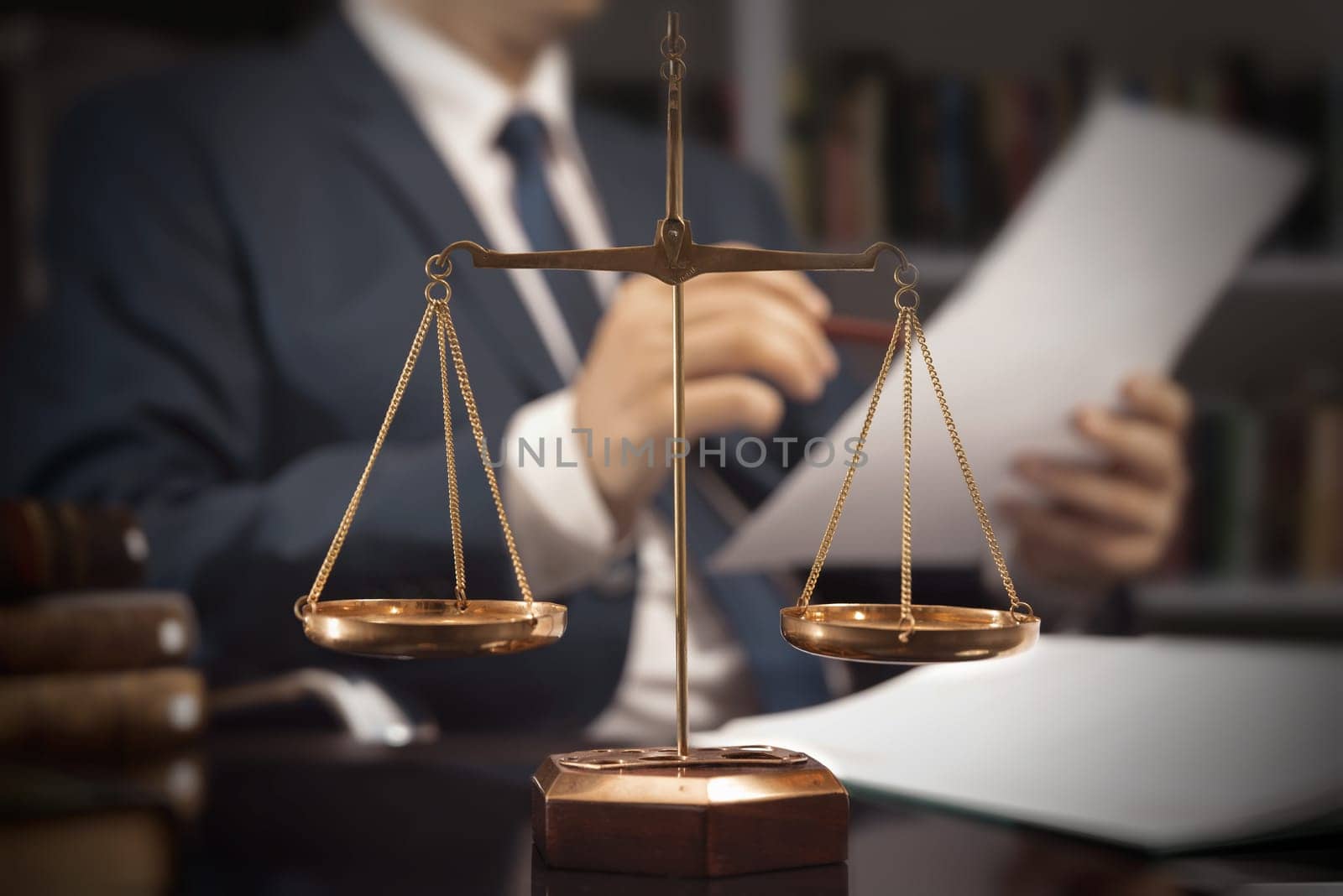 Weight scale of justice. Lawyer, attorney, working in office. Consultant lawyer with paperwork