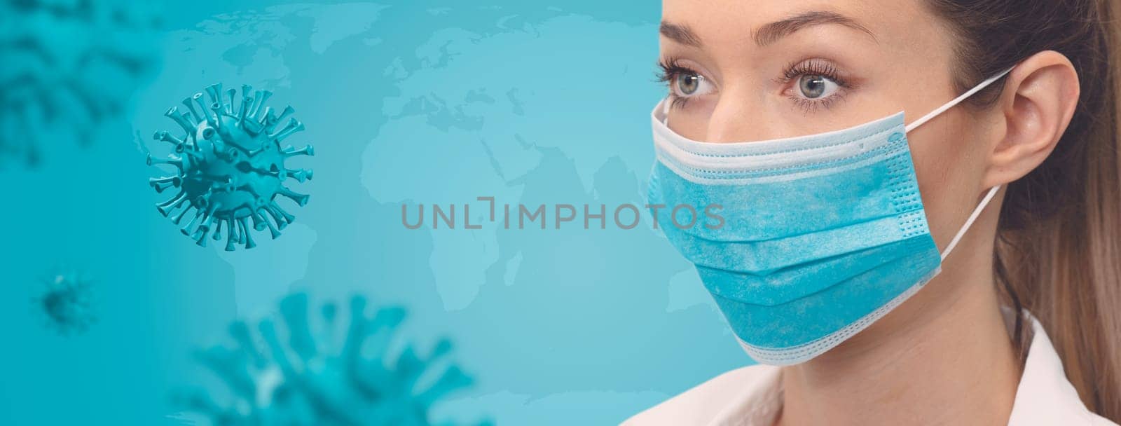 Young woman wearing protective mask. Virus prevention copy space background