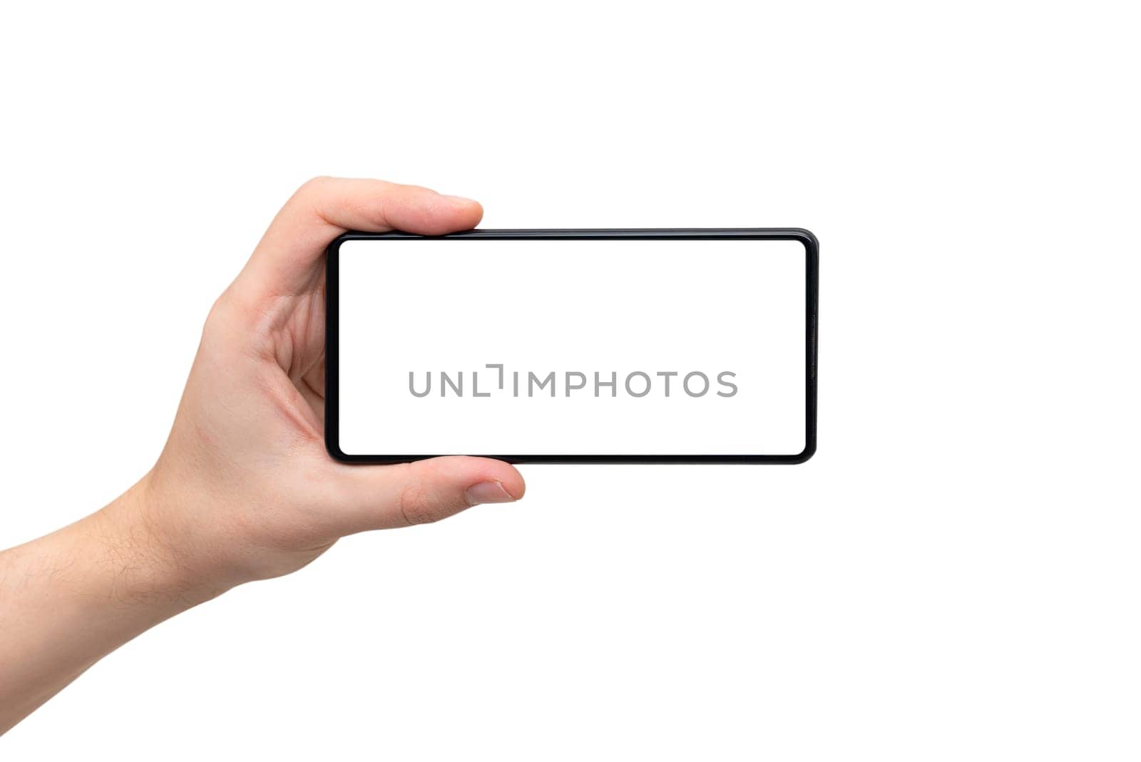 Device mockup, mobile isolated on white. Modern smartphone in hands