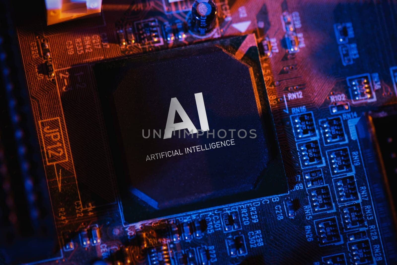 Artificial intelligence concept with computer chip. AI microprocessor closeup.