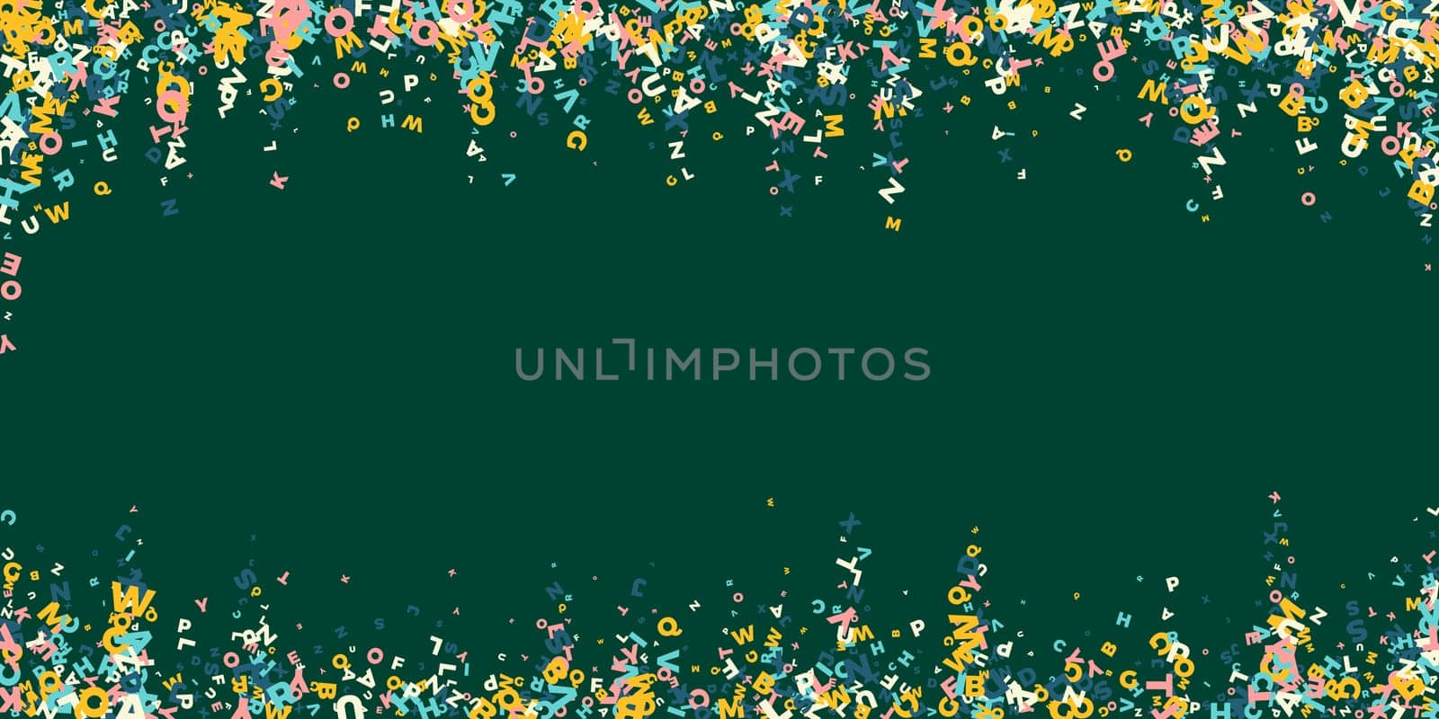 Falling letters of English language. Light flying words of Latin alphabet. Foreign languages study concept. Ravishing back to school banner on blackboard background.