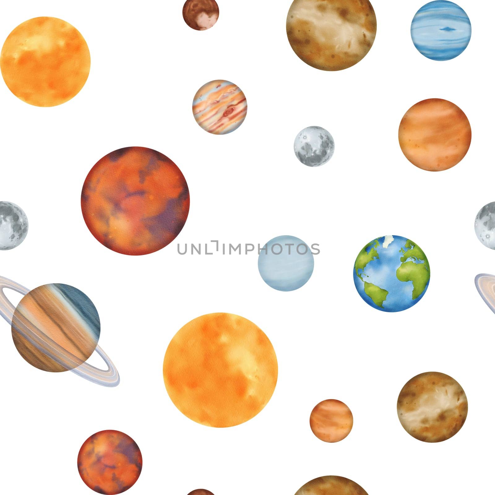 Seamless pattern. The solar system with planetary orbits. Mercury, Venus, Earth with its satellite, the Moon, Mars, Jupiter, Saturn, Uranus, Neptune, and the dwarf planet Pluto. Watercolor by Art_Mari_Ka