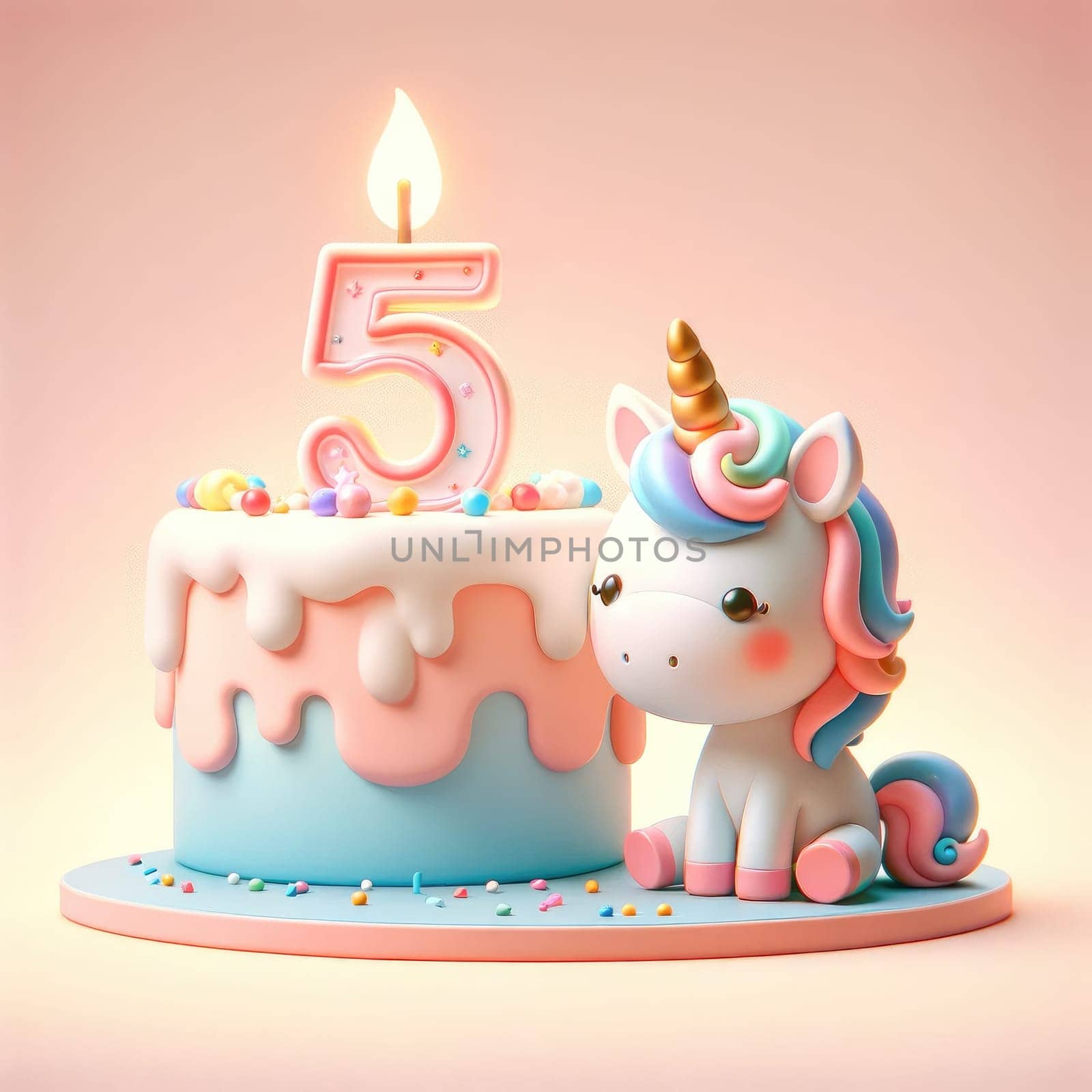 Cute baby unicorn with birthday cake. water colour, Generative AI.