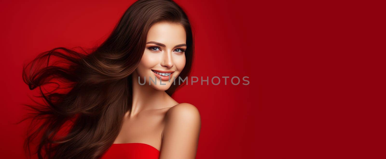 Portrait of a beautiful, sexy happy smiling woman with perfect skin and long hair, on a red background, banner. Advertising of cosmetic products, spa treatments, shampoos and hair care, dentistry and medicine, perfumes and cosmetology for women.