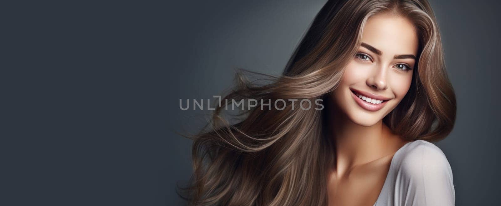 Portrait of a beautiful, sexy happy smiling woman with perfect skin and long hair, on a silver background, banner. Advertising of cosmetic products, spa treatments, shampoos and hair care, dentistry and medicine, perfumes and cosmetology for women.