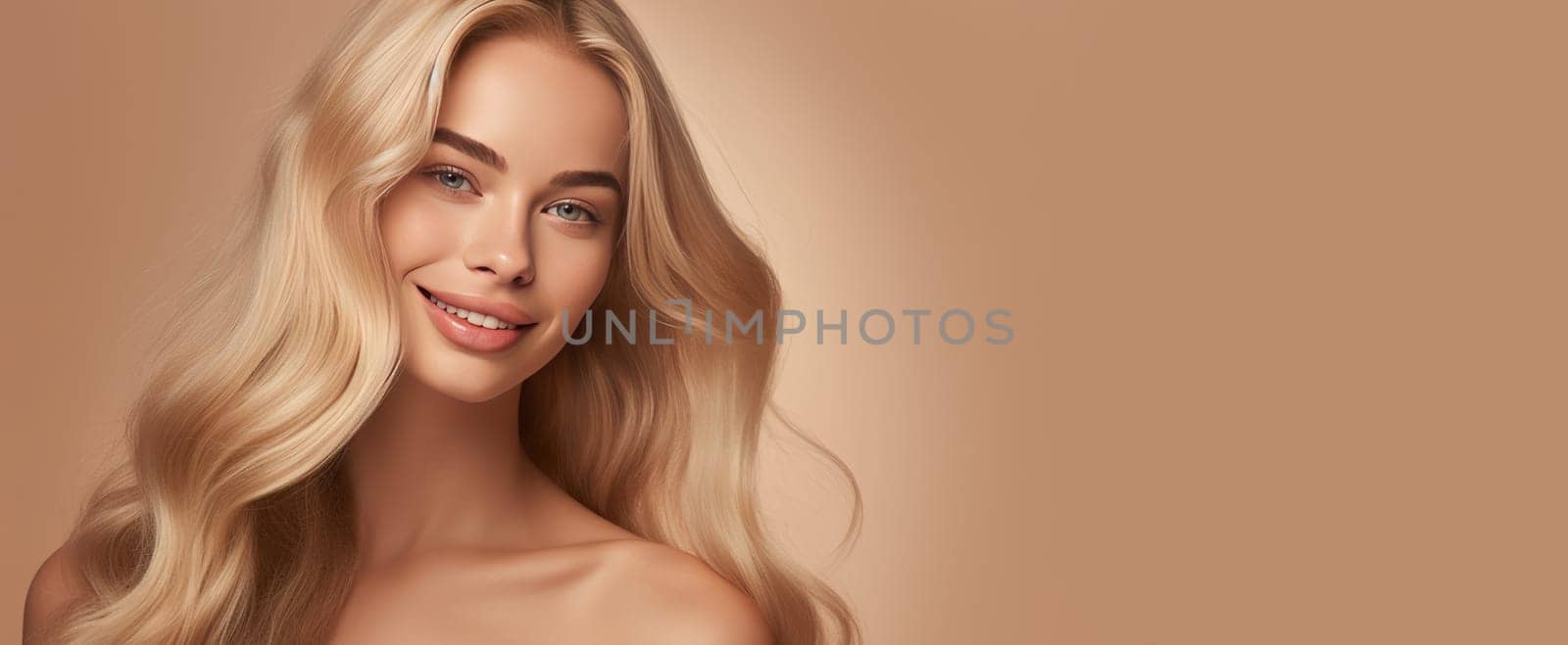 Portrait of a beautiful, sexy Caucasian woman with perfect skin and white long hair, on a creamy beige background. by Alla_Yurtayeva