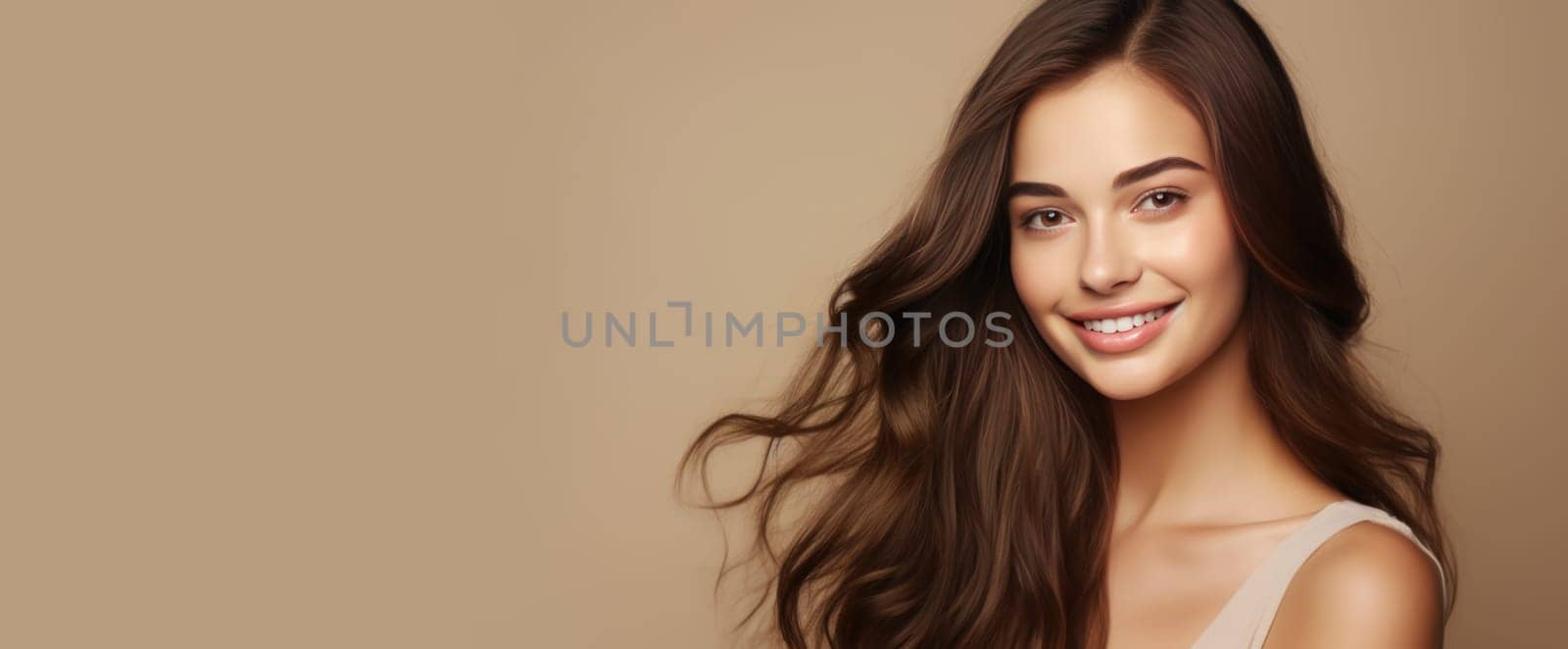 Portrait of a beautiful, sexy happy smiling woman with perfect skin and long hair, on a creamy beige background, banner. by Alla_Yurtayeva