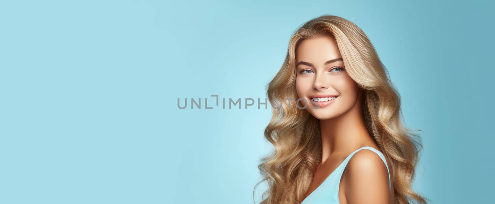 Portrait of a beautiful, sexy Caucasian woman with perfect skin and white long hair, on a light blue background. Advertising of cosmetic products, spa treatments, shampoos and hair care, dentistry and medicine, perfumes and cosmetology for women.