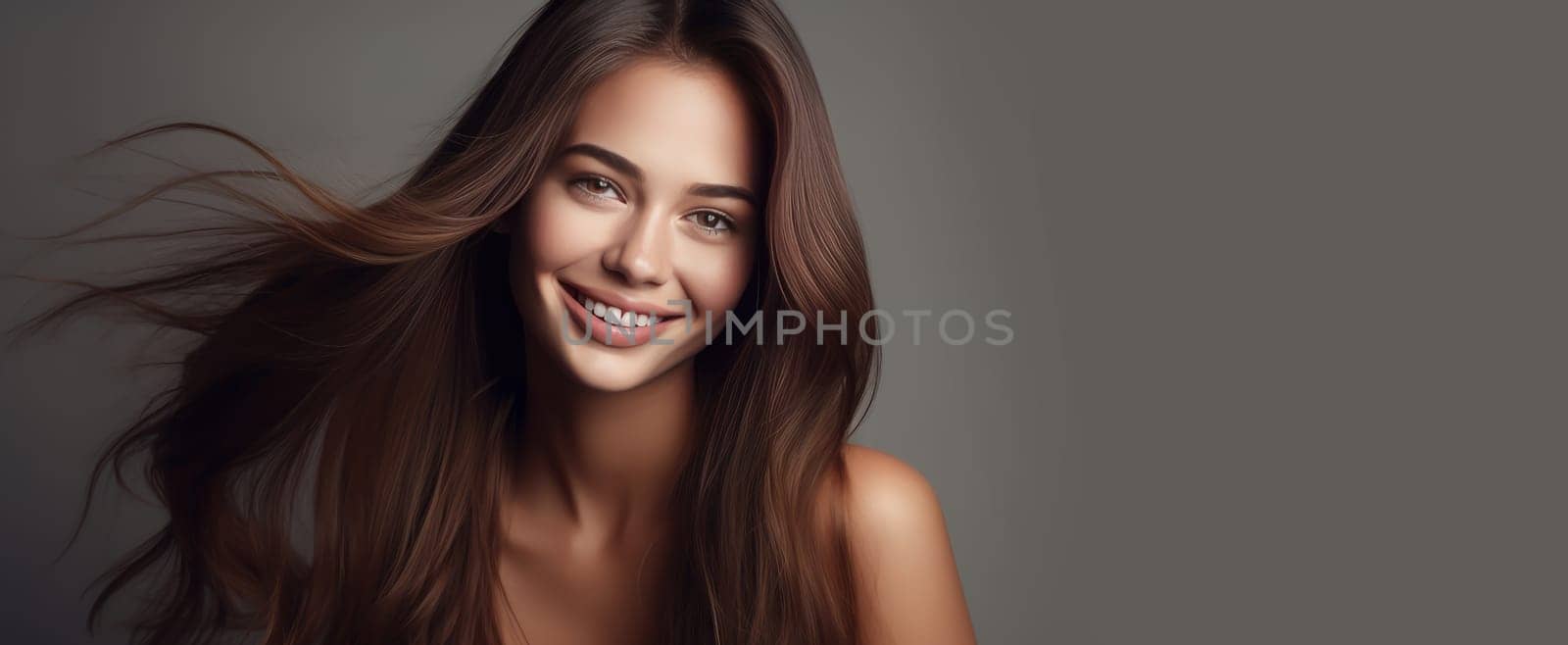 Portrait of a beautiful, sexy happy smiling woman with perfect skin and long hair, on a gray background, banner. Advertising of cosmetic products, spa treatments, shampoos and hair care, dentistry and medicine, perfumes and cosmetology for women.