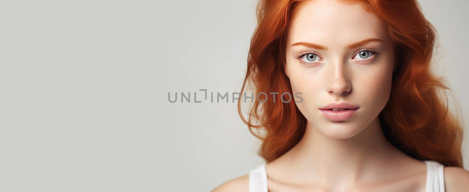 Portrait of an elegant, sexy happy Caucasian woman with perfect skin and red hair, on a white background, banner. Advertising of cosmetic products, spa treatments, shampoos and hair care, dentistry and medicine, perfumes and cosmetology for women.