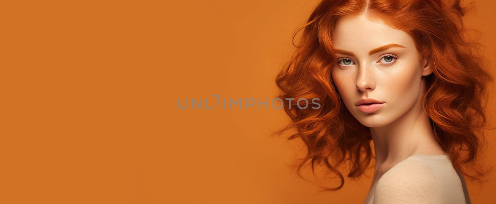 Portrait of an elegant, sexy happy Caucasian woman with perfect skin and red hair, on an orange background, banner. by Alla_Yurtayeva