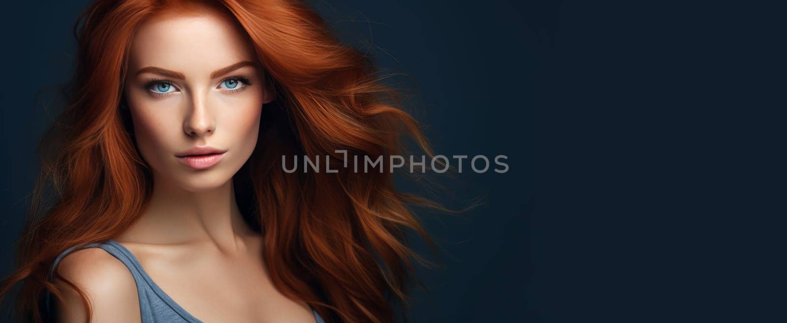 Portrait of an elegant, sexy happy Caucasian woman with perfect skin and red hair, on a dark blue background, banner. by Alla_Yurtayeva