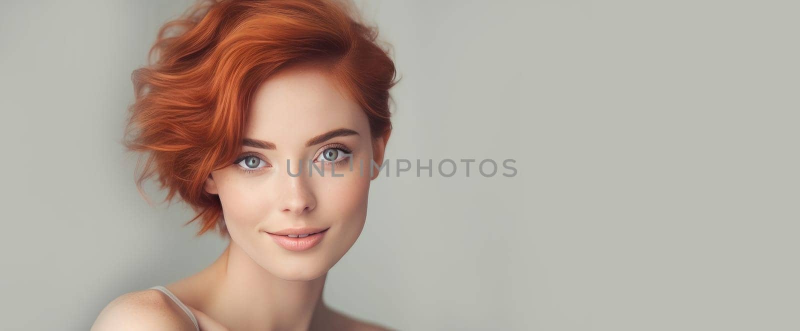 Portrait of an elegant, sexy smiling woman with perfect skin and short red hair, on a gray background, banner. by Alla_Yurtayeva