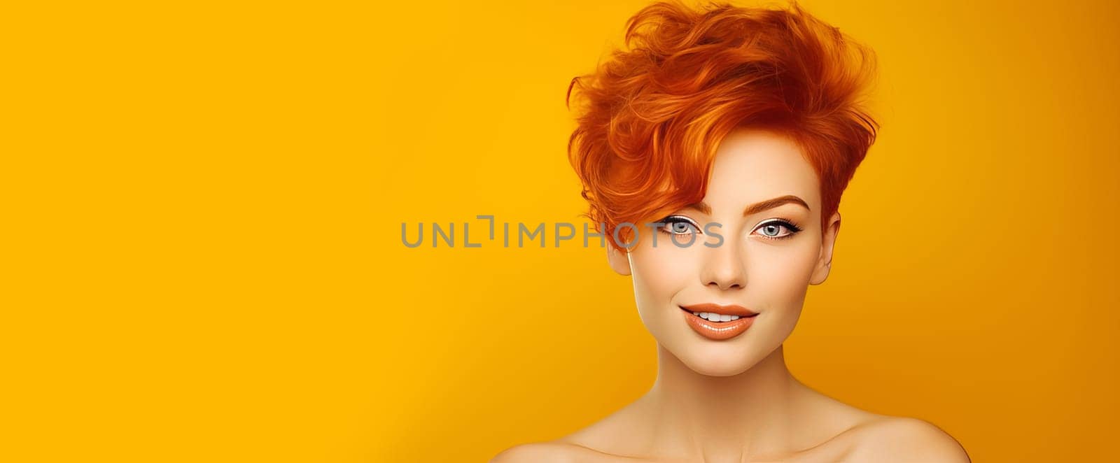 Portrait of an elegant, sexy smiling woman with perfect skin and short red hair, on a yellow background, banner. by Alla_Yurtayeva